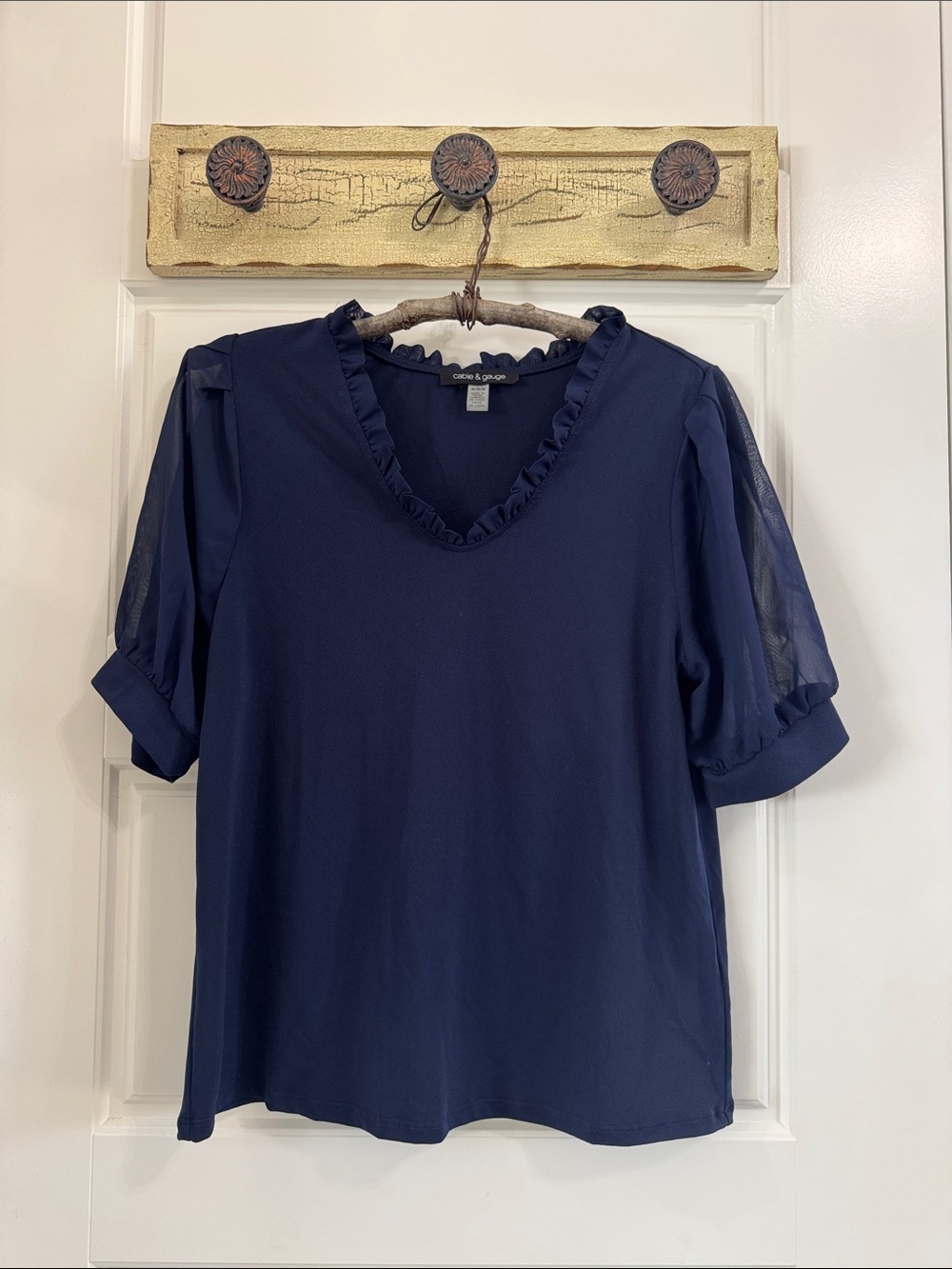 Cable & Gauge Navy Ruffle V-Neck Short Sleeve Top with Sheer Sleeves